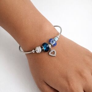 Silver Color Gold Plated Charm Bracelet Blue Crystal Beads Heart Charm Adjustabl